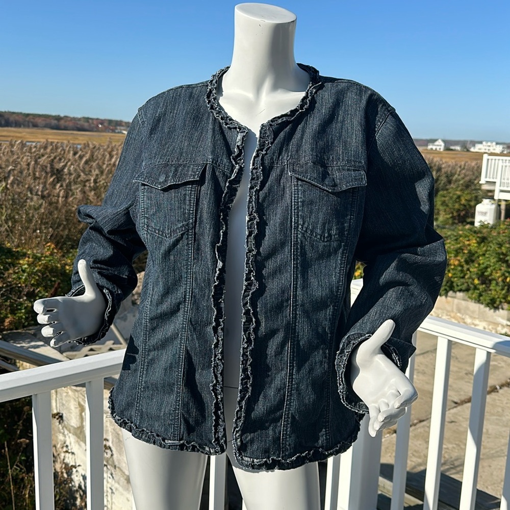 Chicos Size 3 Denim jacket coat blue ruffle trim open front
